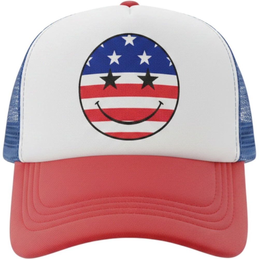 4thofJulyPatriotic USA Smiley Face Trucker Hat Red White Blue Mesh Snapback Cap